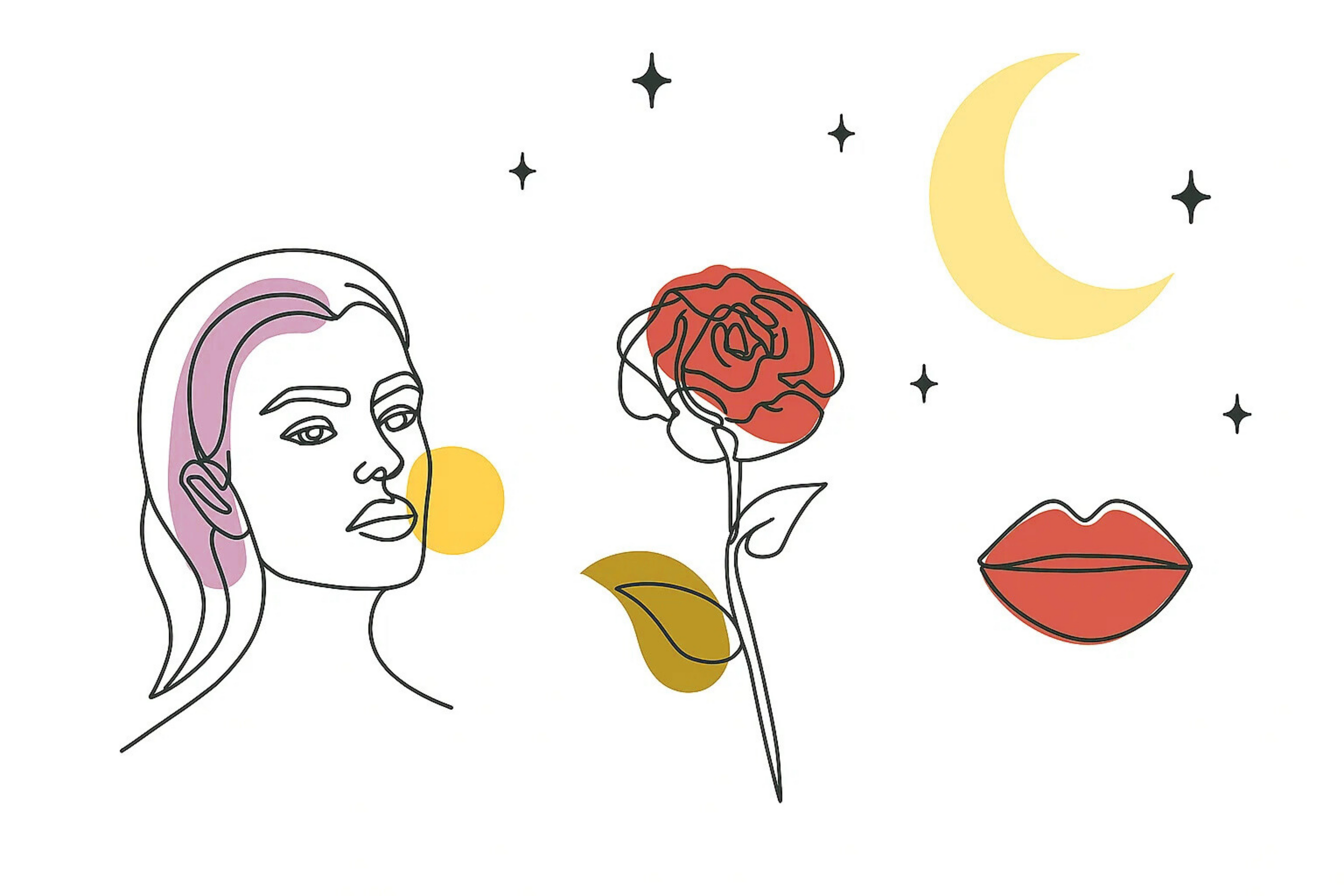 Illustration of a face, rose, lips, and moon on a white background