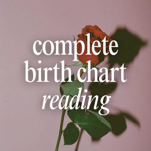 Red rose with text overlay 'complete birth chart reading' on a pink background