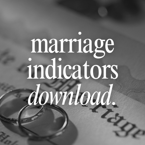 Two wedding rings on a marriage certificate with text overlay 'marriage indicators download'.