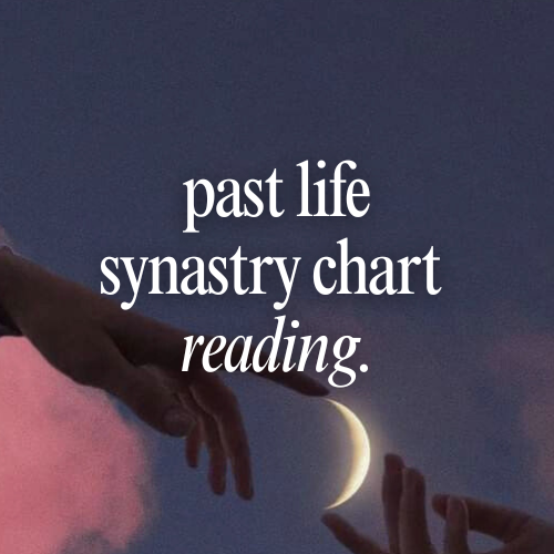 Text 'past life synastry chart reading' with hands reaching towards a crescent moon against a dark blue background.