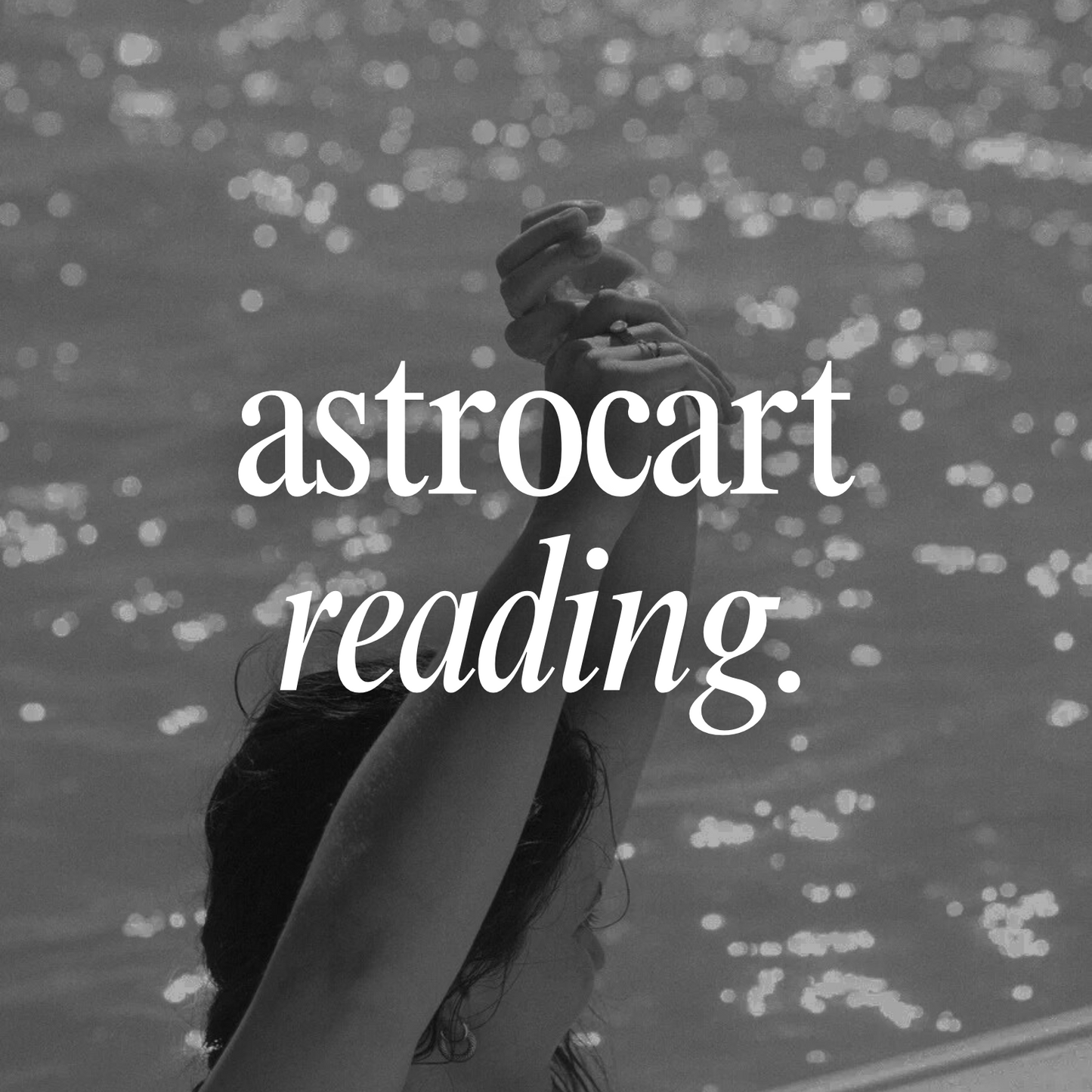 Person holding a bottle with 'astrocart reading' text over a blurred water background