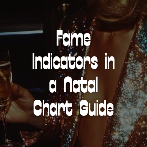 A close-up lifestyle photo of a woman in a sparkling sequined top holding a glass of champagne, with large white text overlaid reading 'Fame Indicators in a Natal Chart Guide'.