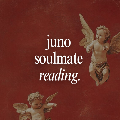 Two cherubic figures on a red background with text 'juno soulmate reading'.