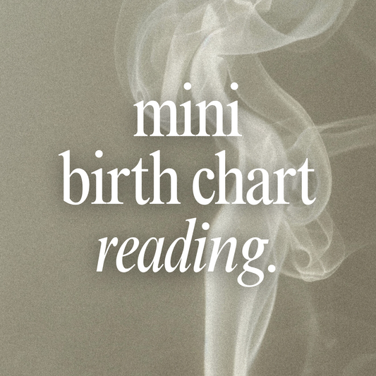 Text 'mini birth chart reading' with smoke effect on a gray background
