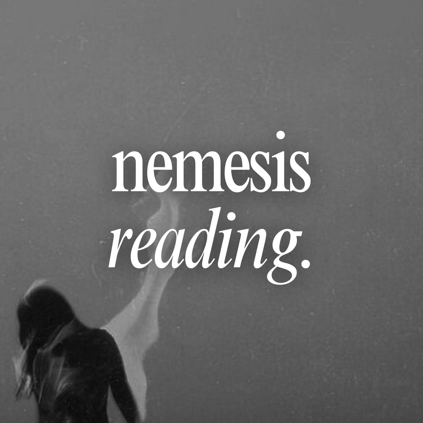 Text 'nemesis reading.' on a dark background with a silhouette of a person.