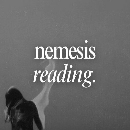 Text 'nemesis reading.' on a dark background with a silhouette of a person.