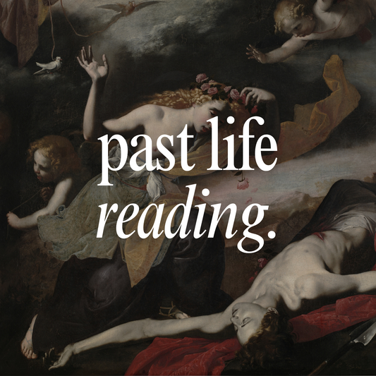 Artistic depiction with text overlay 'past life reading.'