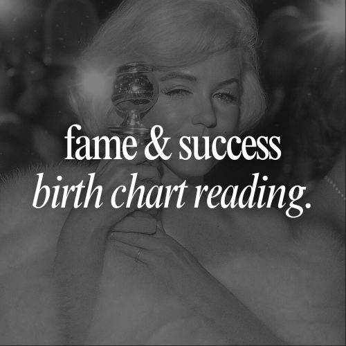 Black and white image of a woman holding a crystal ball with text overlay 'fame & success birth chart reading'.
