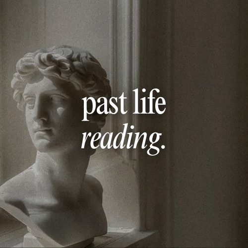Statue bust with text 'past life reading' in a neutral setting